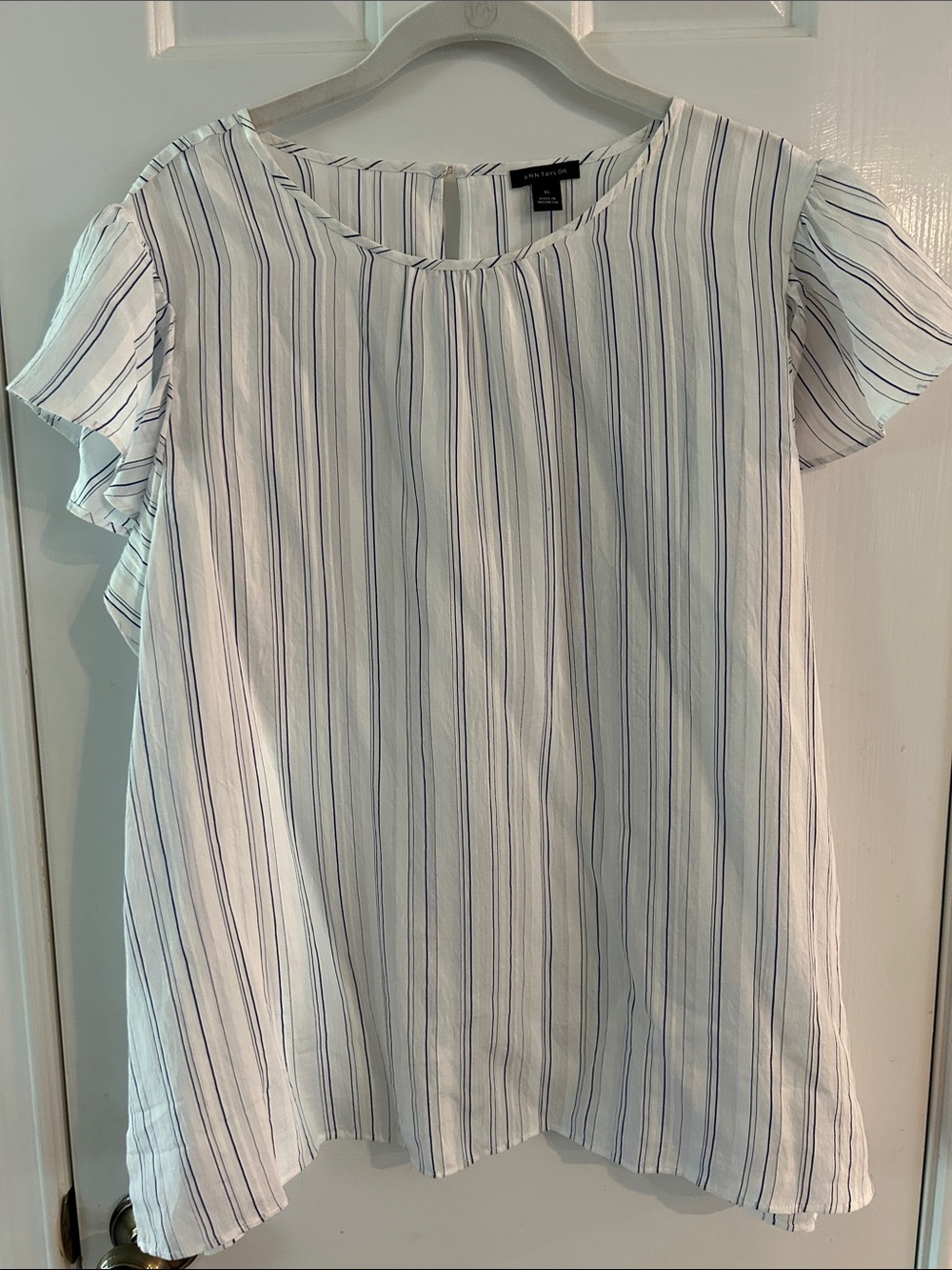 Ann Taylor White Blouse with Blue Pinstripes